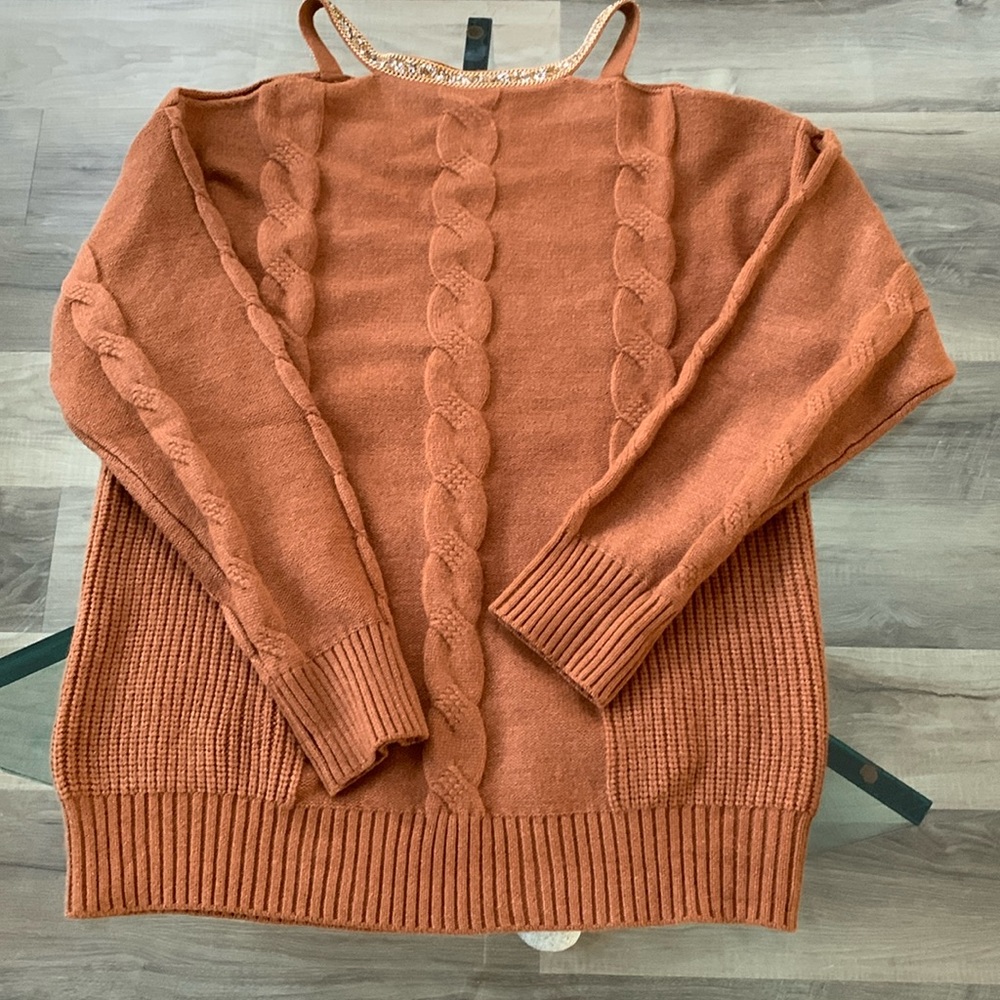 Venus  brown cold shoulder sweater with beaded embellished detail neckline - Picture 2 of 10